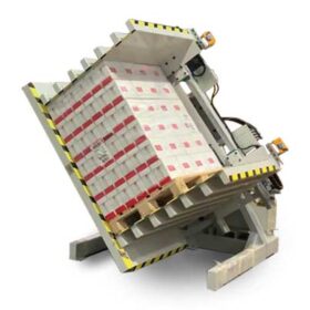 Pallet inverter machine rotating stacked pallets