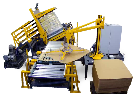 Automated slip sheet to pallet transfer system in operation.