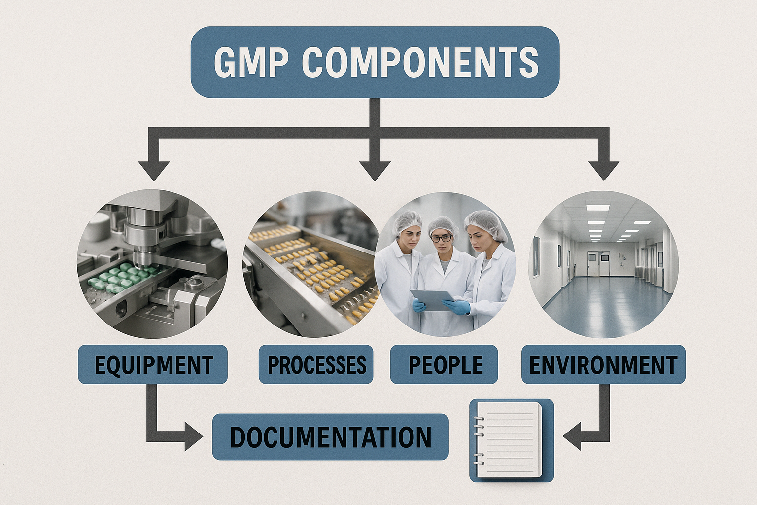 符合GMP规范的制药洁净室，技术人员穿戴全套防护装备进行操作