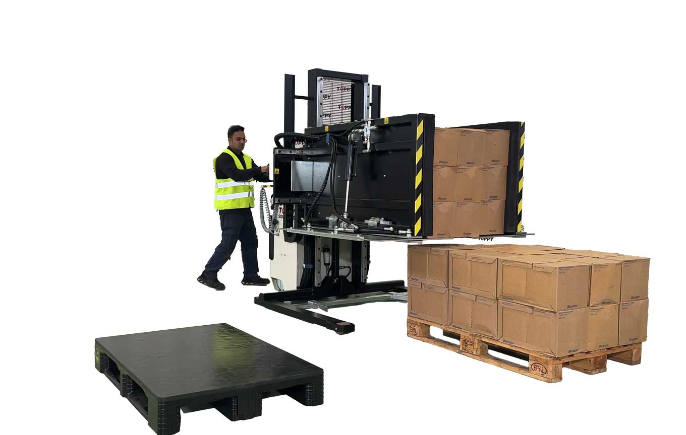 层拣选机在托盘翻转机的辅助下转移产品层